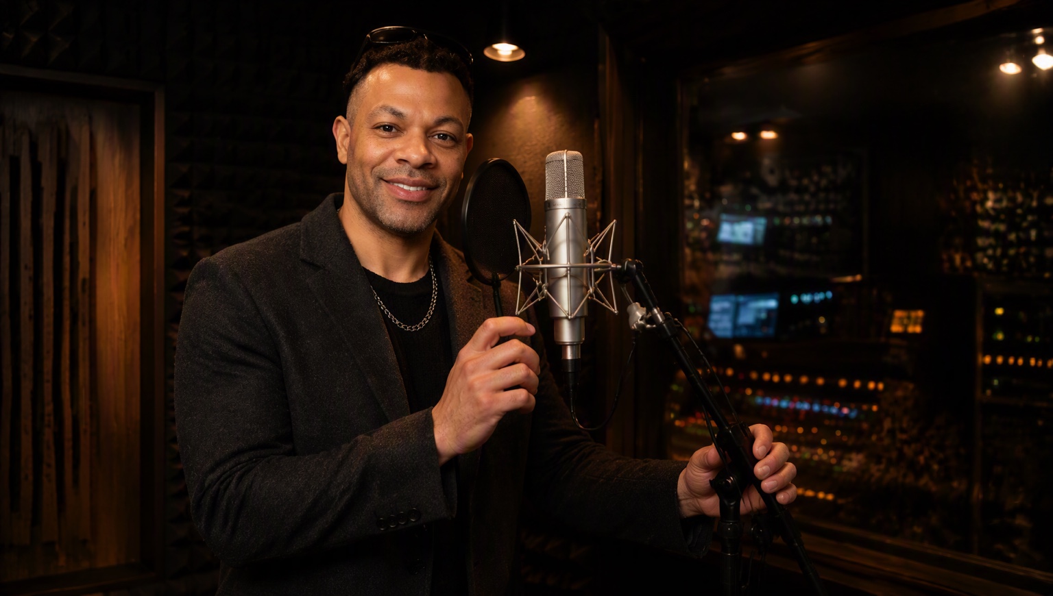 Makiri D beside a studio microphone in warm light
